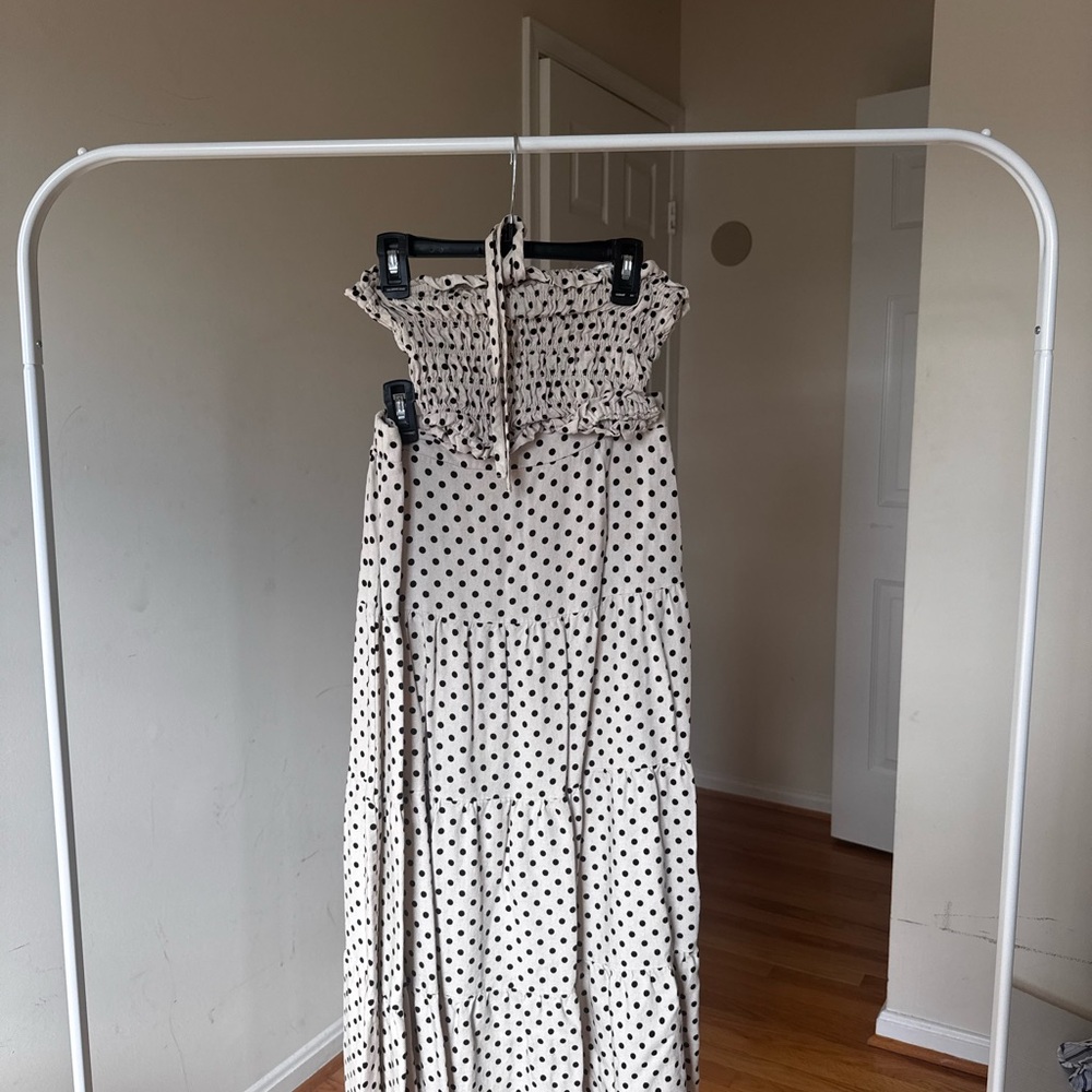 STATEMENT Black and Cream Polka Dot halter crop top and skirt